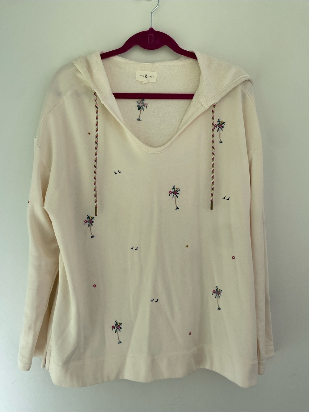 Lou & Grey Coastal Embroidered Hooded Pullover - Cream Large